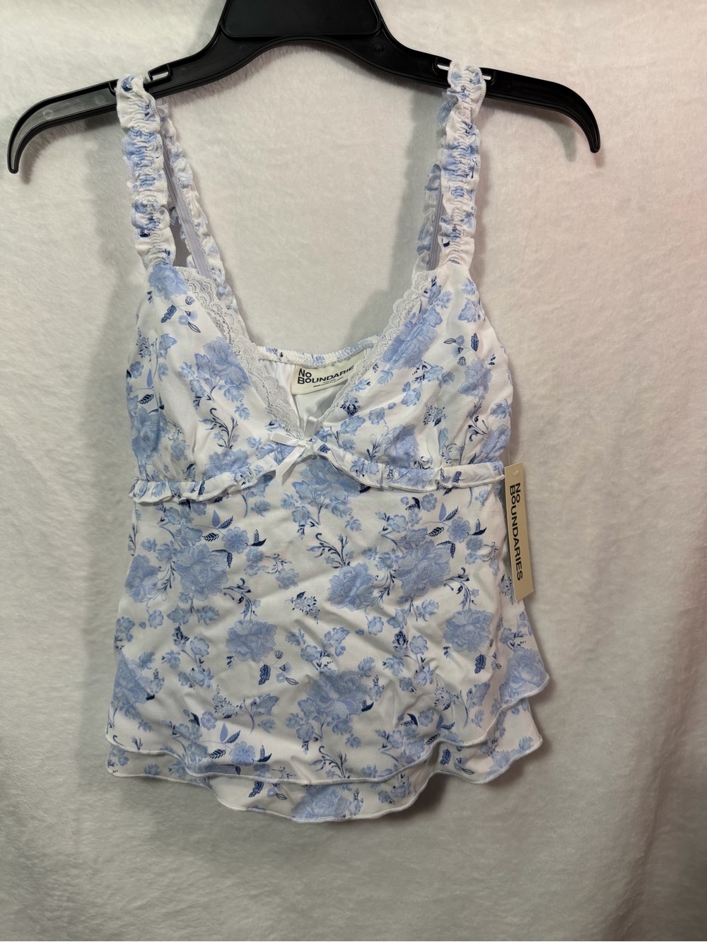 No Boundaries White and Light Blue Floral Ruffle Strap Camisole